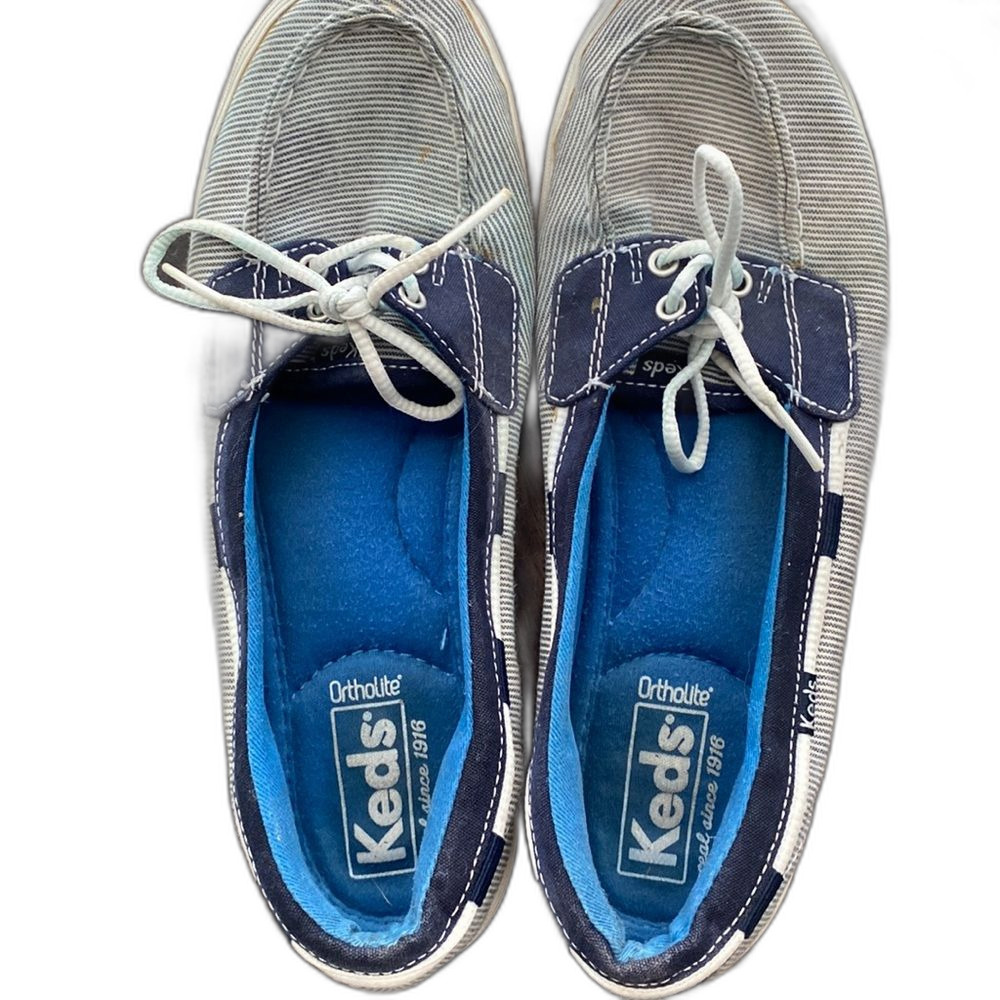 Women’s KEDS Nautical stripe shoes 8 ortholite slip on boat loafers Blue white